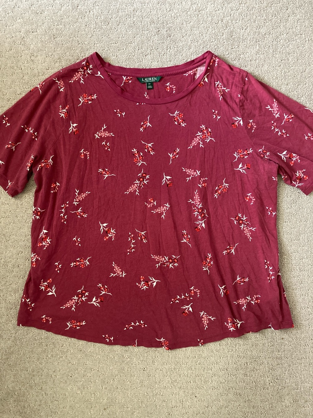 Ralph Lauren burgundy floral cotton tee, Sz 3X.
